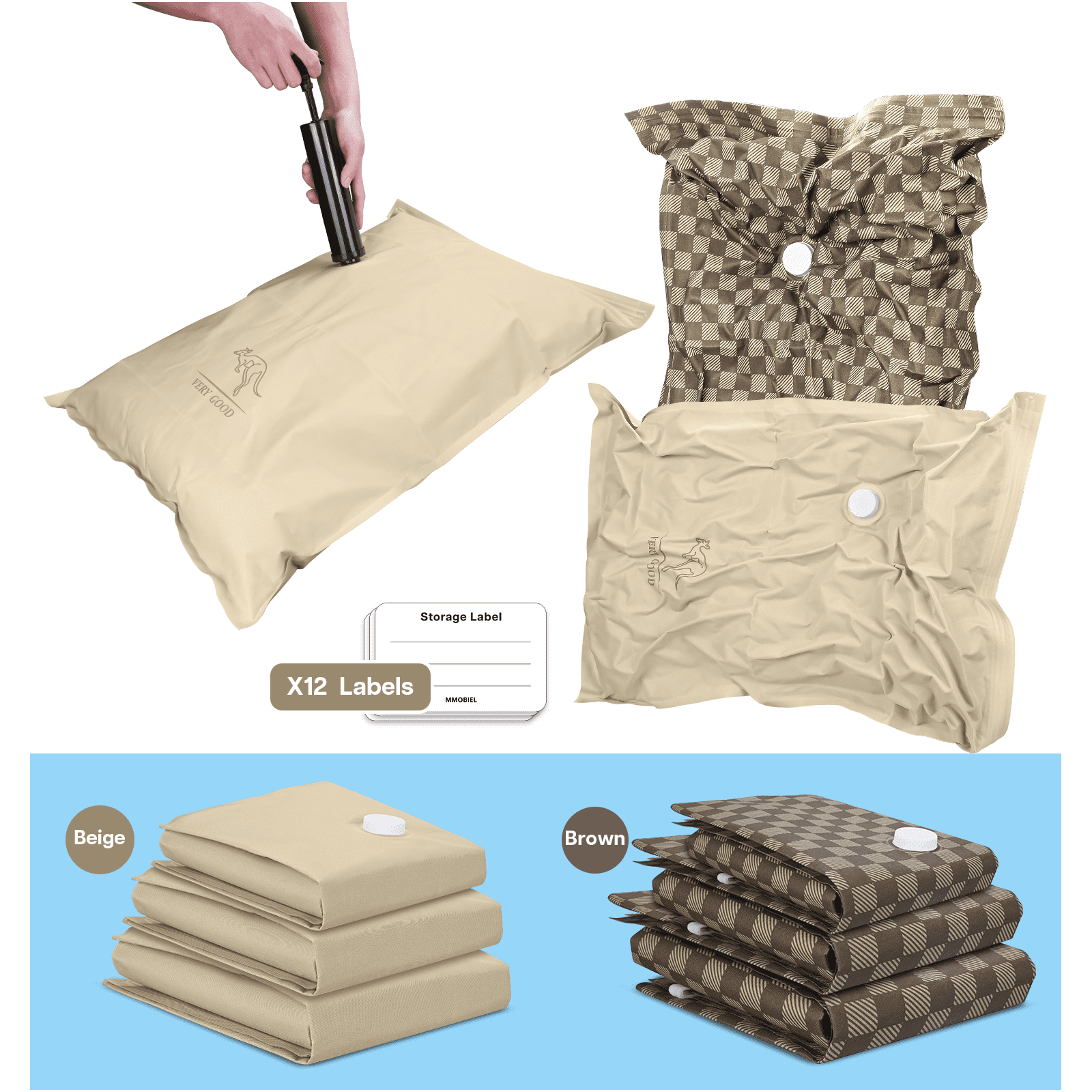 Vacuum Seal Storage Bags for Clothing & Travel (6 Pack S/M/L) – Reusable Space Saver Compression Bags for Moving & Long-Term Storage – Includes Hand Pump – Brown/Beige by MMOBIEL