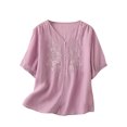 thumbnail image 2 of Summer Plus Size Shirts for Womens Cotton and Linen Embroidered Blouses Button Up T-Shirt Short Sleeved V-Neck Top Gifts for Womens, 2 of 8