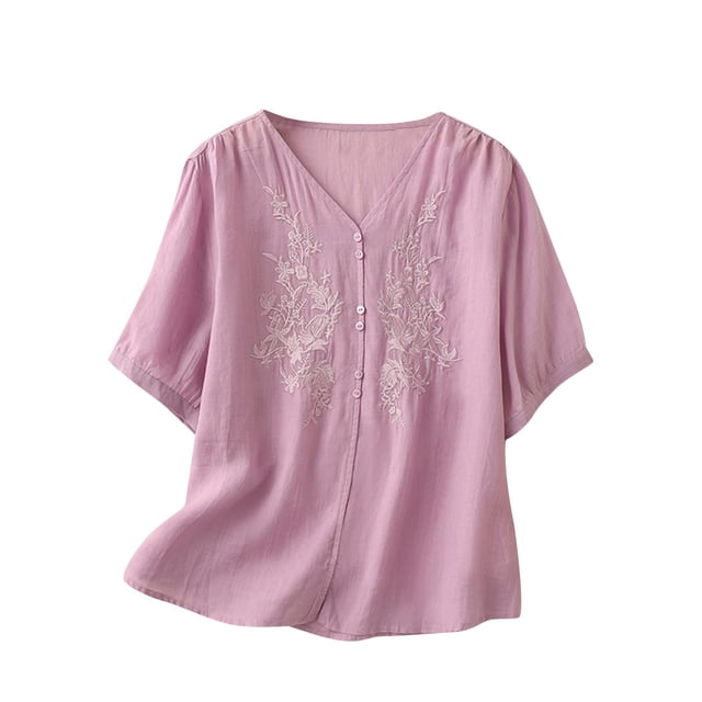 Tops de Bikini para las Mujeres, Botón Bordado de Verano de Manga Corta con Cuello en V Camiseta para Uso Diario Casual, Tops de Traje de Baño para las Mujeres