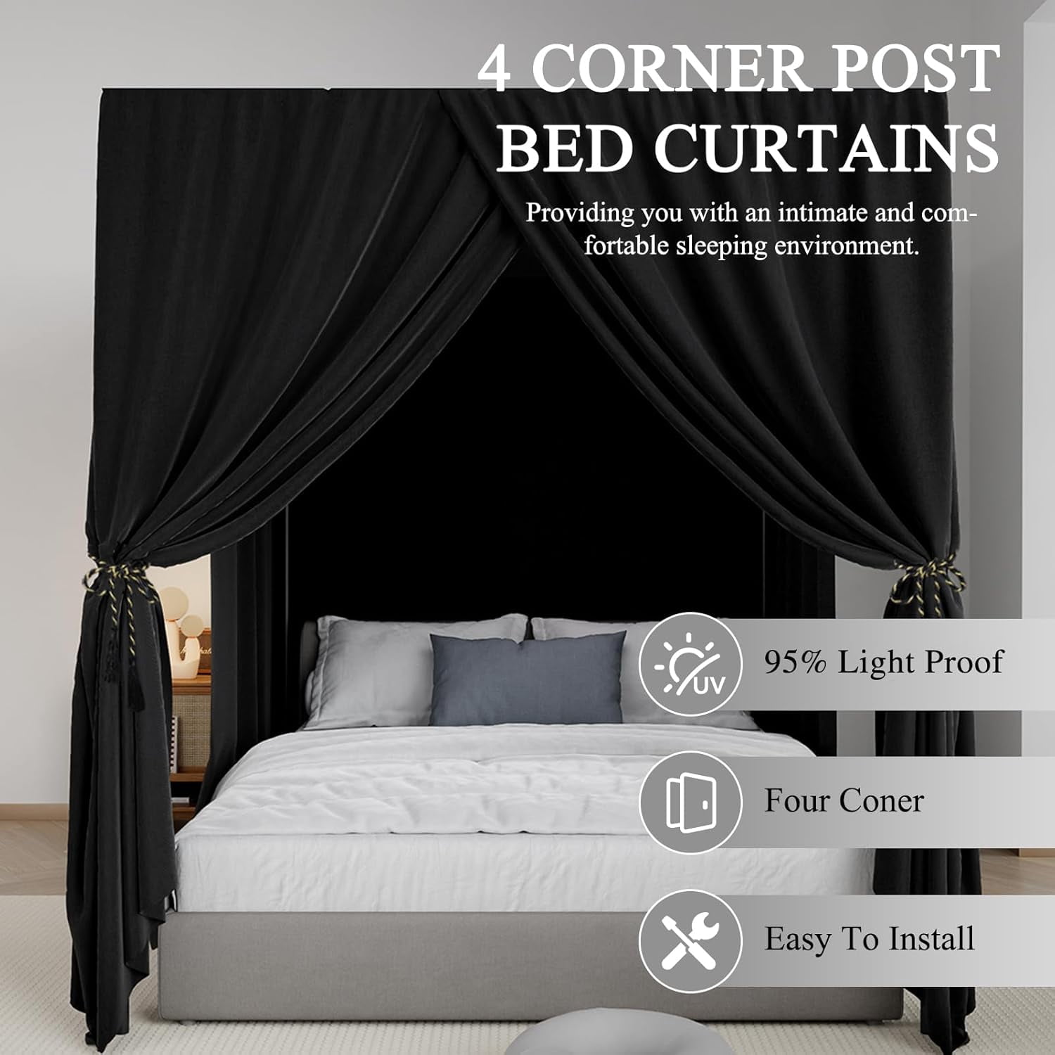Black Canopy Bed Curtains - 4 Corner Post Bed Curtains King Lightproof Siamesed Drapes Bed Canopy for Adults & Girls Bedroom Decoration(Black,King)