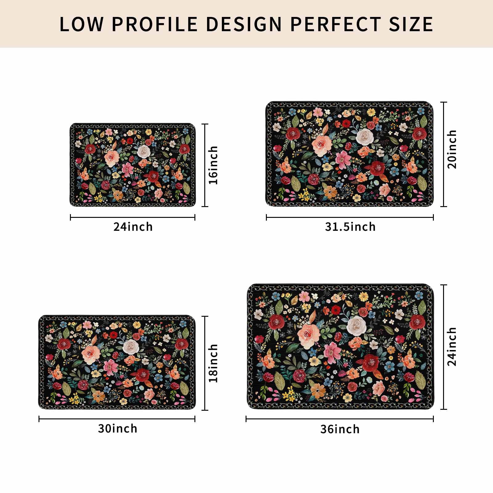 Watercolor Flowers Doormat Outdoor Entrance 18"x30", Farmhouse Floral Vintage Black Absorb Moisture Dirt Door Mats, Non-Slip Rubber Backing Floor Mats Indoor, Low-Profile Front Door Rugs