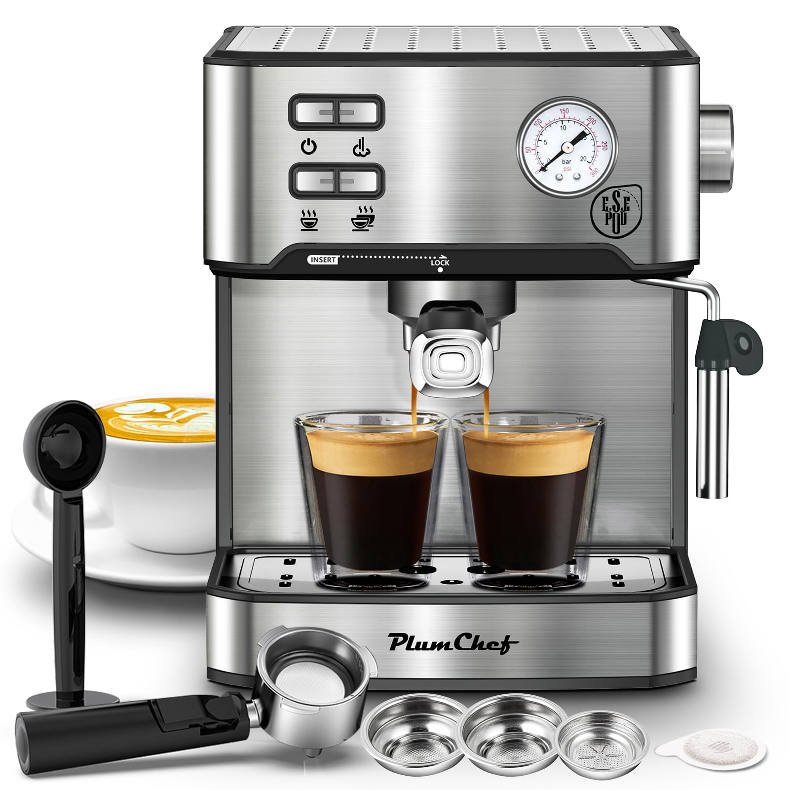 Aukfa 20-Bar Espresso Coffee Machine with Milk Frother, ESE Pod Compatible Barista Maker with Pressure Gauge & 1.6L Removable Water Tank for Latte & Cappuccino