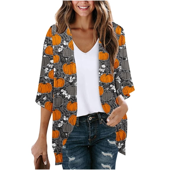 WAGUTH Womens Chiffon Kimono Cardigans Open Front Halloween Print 3/4 Sleeve Lightweight Cover Ups Casual Layering Tops for Holiday Outfits
