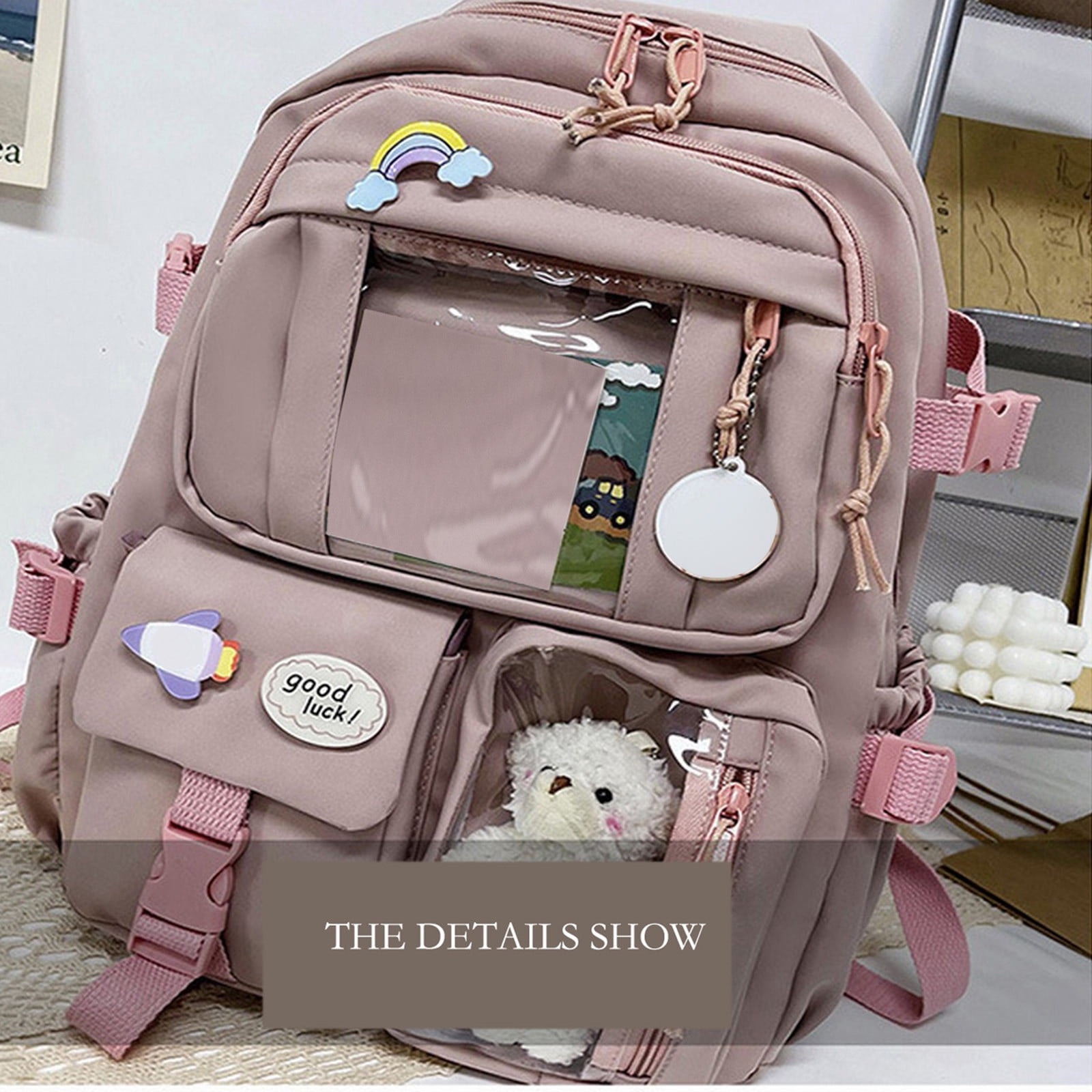 pdqouc Solid Color Backpack School Bag with Cute Hanging Ornament Durable Bags Gift for Teen Women Men