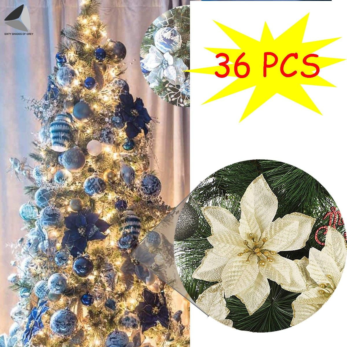 24pcs Glitter Christmas Poinsettia Hanging Flowers Xmas Party Tree Decorations 