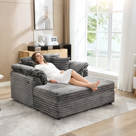 Oversized Chaise Lounge Sofa Bed  60" Wide Indoor Sleeper Couch with Armrests, Throw Pillows & Charging Port  Comfortable Upholstered Living Room or Bedroom Sofa, Gray