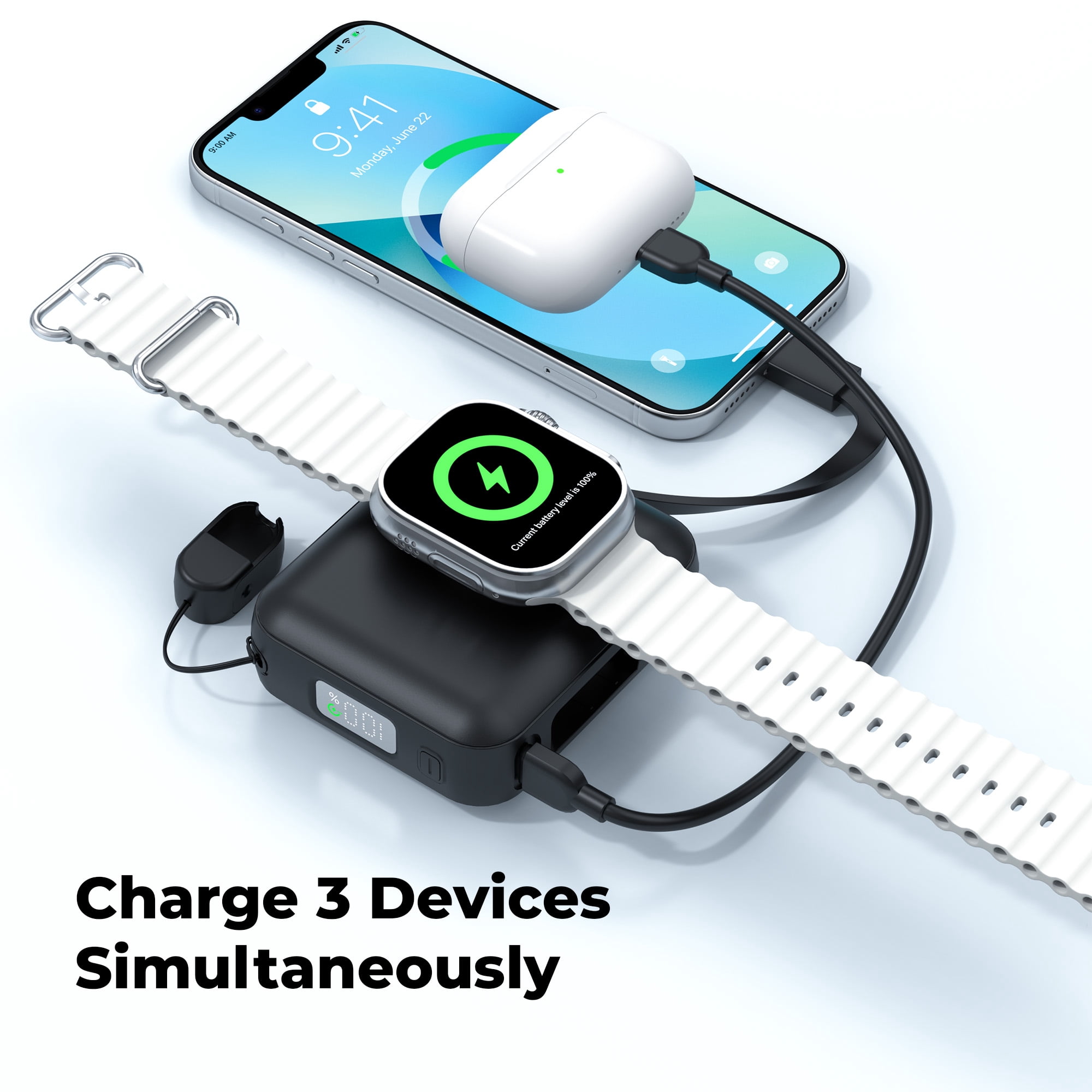 20000mAh Portable Charger 22.5W Fast Charging Power Bank with Built-in Cable,Travel Essentials Small Battery Pack with LED Display,Magnetic Phone Charger for Apple Watch and iPhone,Samsung,iPad,Black