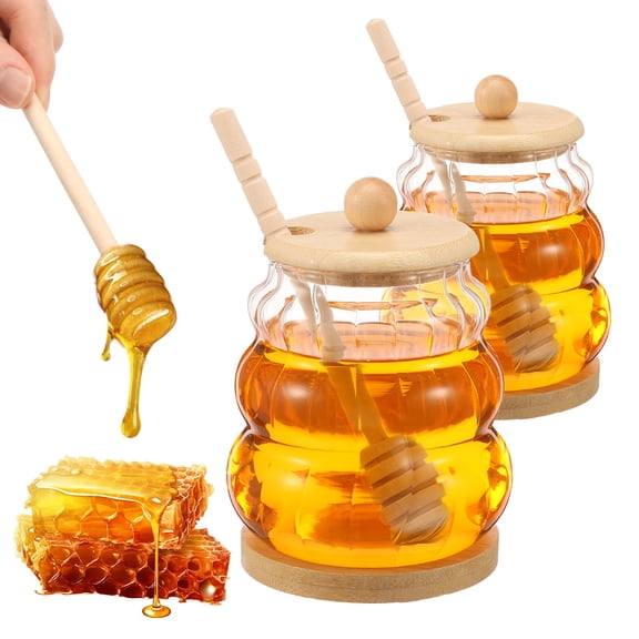 Austok 2Pcs Glass Honey Jar with Lid and Dipper Clear Honey Pot 15oz Jam Container Set with Wood Base Beehive Honey Pot Container for Honey Chocolate Syrup for Home Kitchen