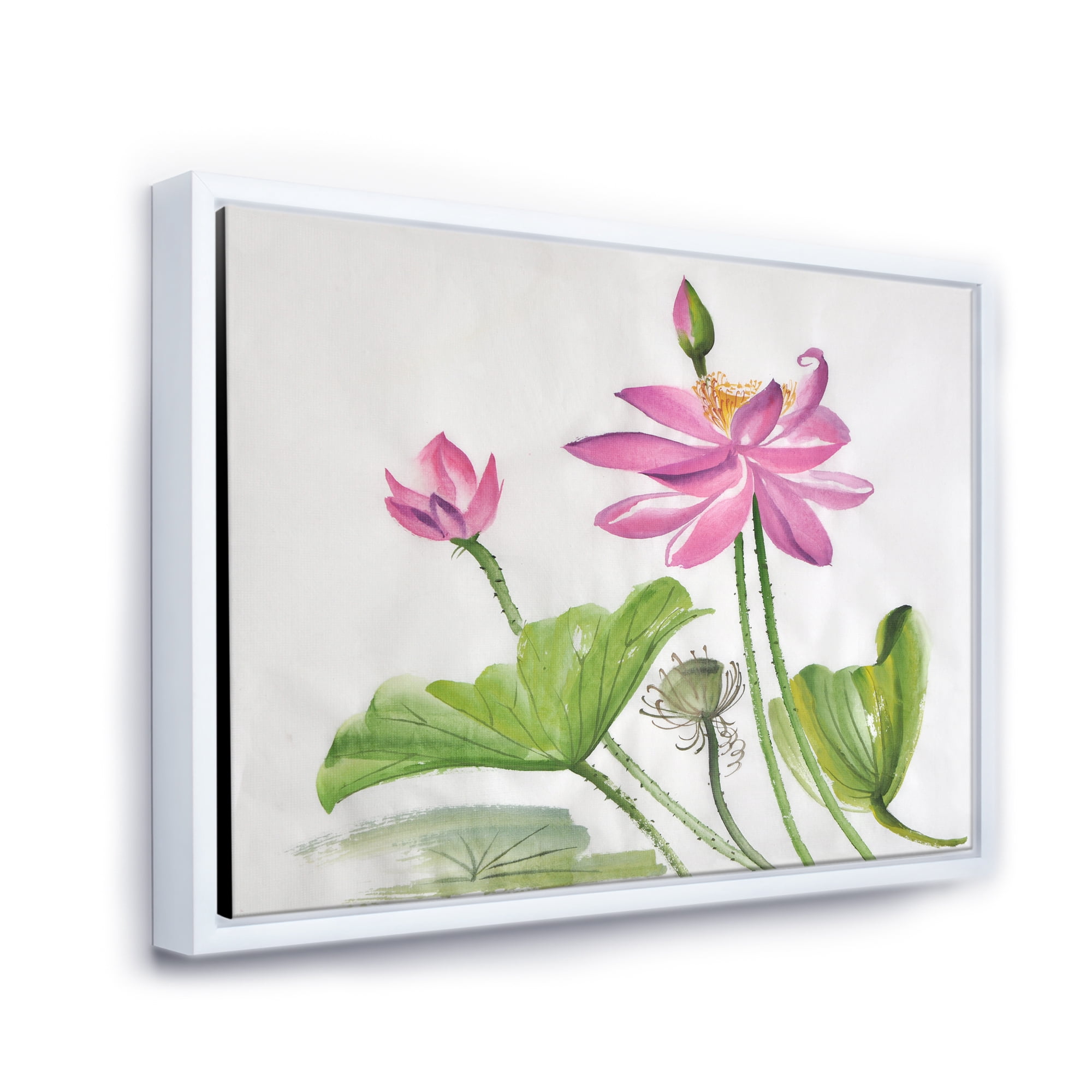 Designart 'Two Pink Lotus Flowers With Green Leaves' Traditional Framed Canvas Wall Art Print