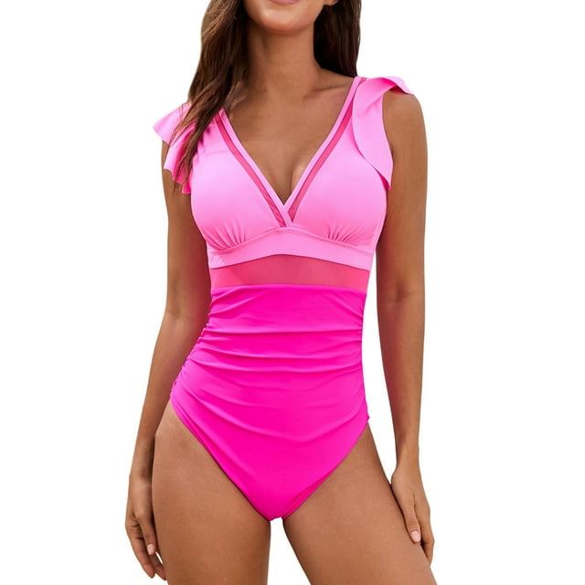 HXWCHs Built In Bra Swimwears One Mesh Splicing Solid Color Splicing Swimsuit with Ruffles for Womens Beachwear XL Pink