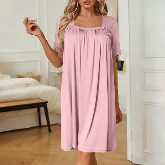 Ynynloco Long Nightgowns for Women Short Sleeve Square Neck House Dress with Pockets Full Midi Casual Modal Loungewear