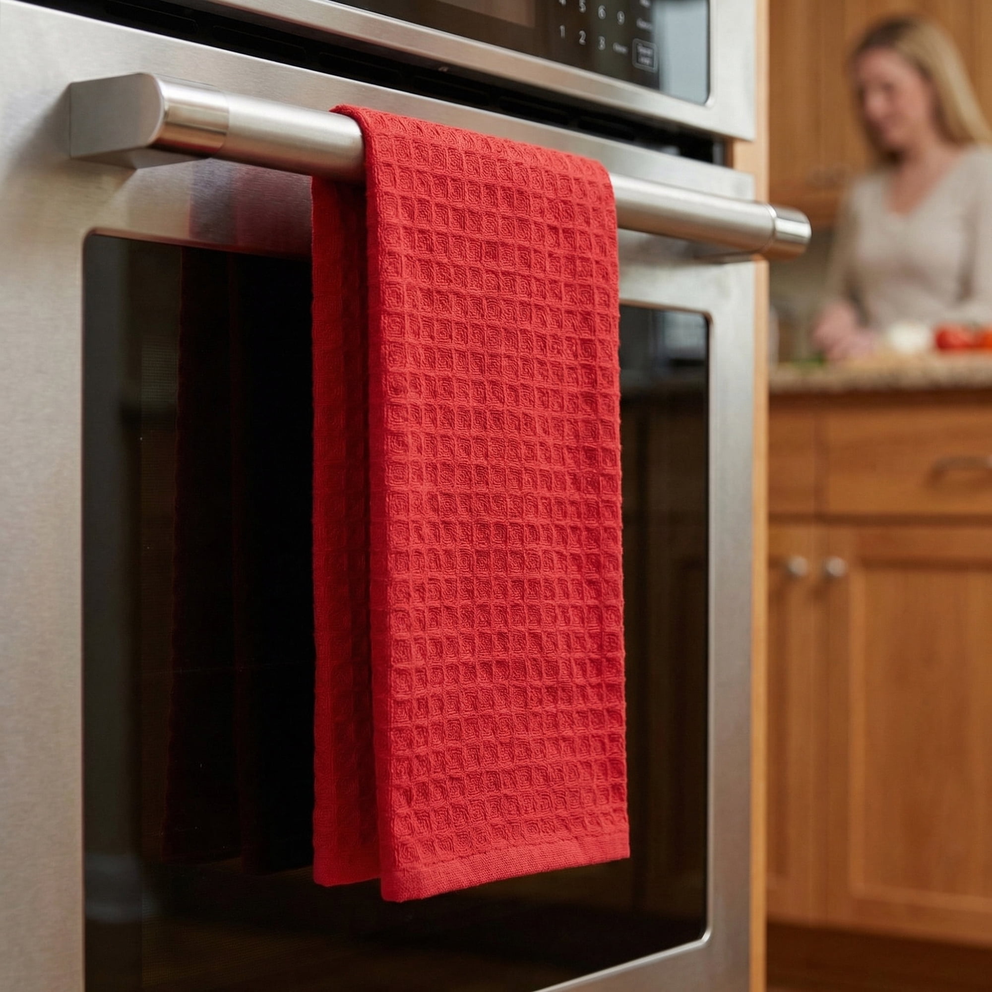 Unique Bargains 100% Cotton Waffle Weave Solid color Kitchen Towels 4 Pack Red 12" x 12"