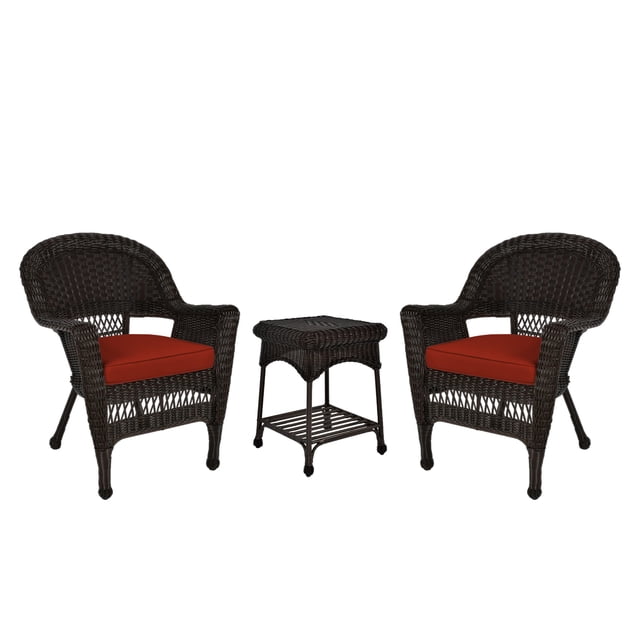 Jeco Ensemble de Conversation en Osier 3 Pcs, Couleur Espresso, avec Coussins Rouges