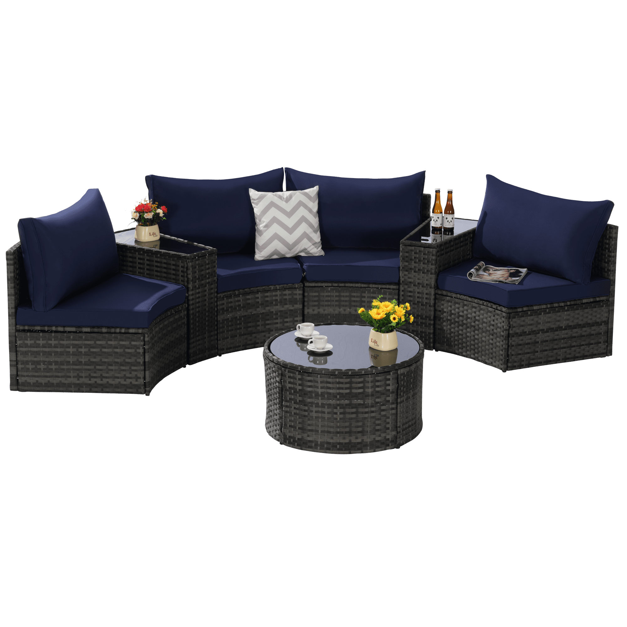 7-Piece Outdoor Patio Furniture Half-Moon Sectional Round Patio Furniture Set Sofa with Tempered Glass Round Coffee Table (Dark Blue)