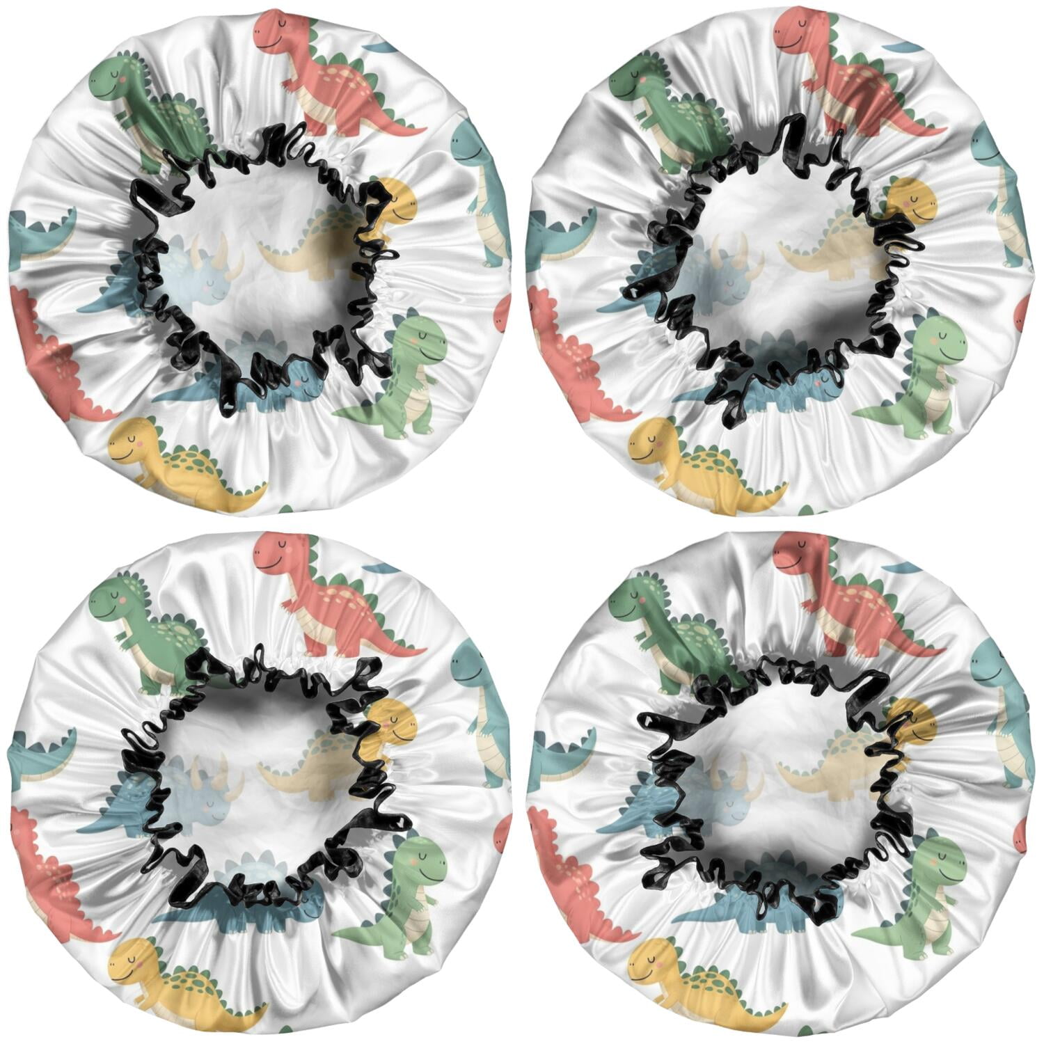 Shower Caps,White Cartoon Dinosaurs Pattern Waterproof Shower Cap for Women 4 Pieces,Double Reusable Hair Cover for Shower PEVA Elastic Stretch Hem