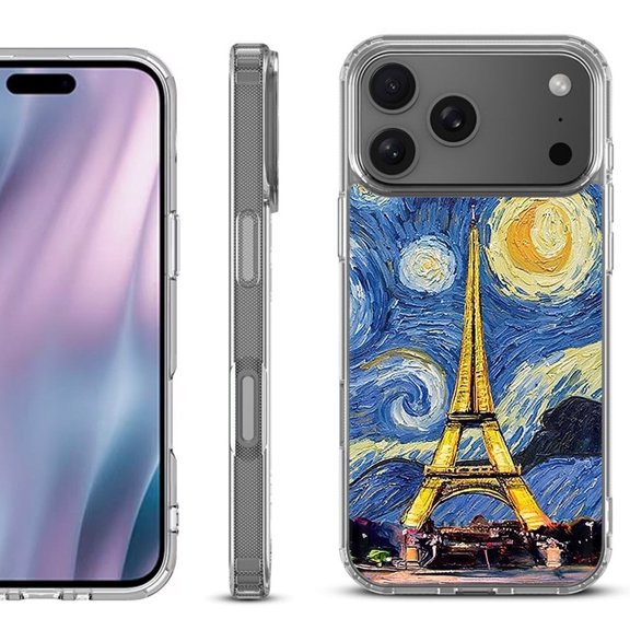 For iPhone 17 Pro Max Protective Shockproof Phone Case, by OneToughShield - Starry Night Eiffel
