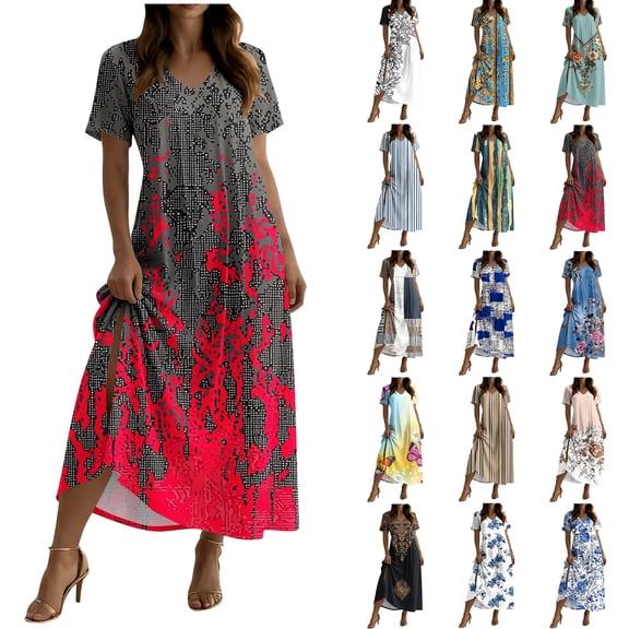 Zpzdpjkx Women's Boho Floral Print Short Sleeve V‑Neck Maxi Dresses, Summer Casual Split Long Dress