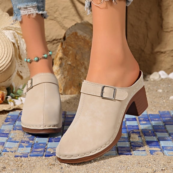Platform Sandals,Summer Shoes,Slip On Mules for Women,Womens Wedge Sandals,Womens Platform Clogs Mules Chunky High Heeled Sandals Round Toe Slip On Slides Heels for Women Casual Comfy Shoes,Beige,5.5
