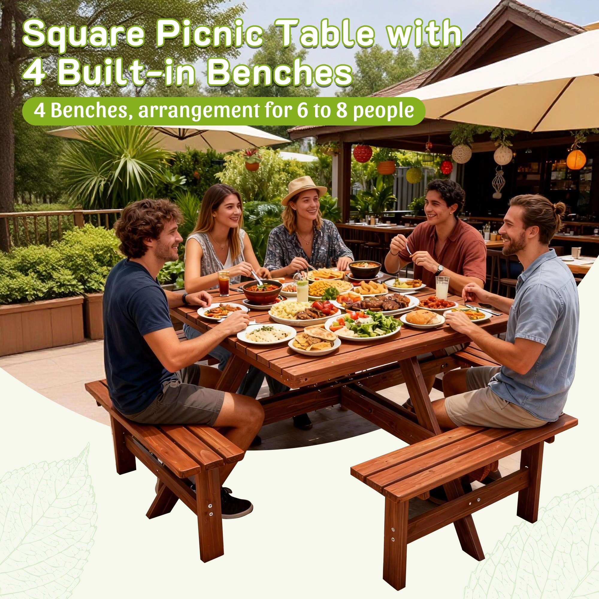 DEALTOPS 8-Person Solid Wood Square Picnic Table Set with Umbrella Hole & 4 Built-in Benches for Patio