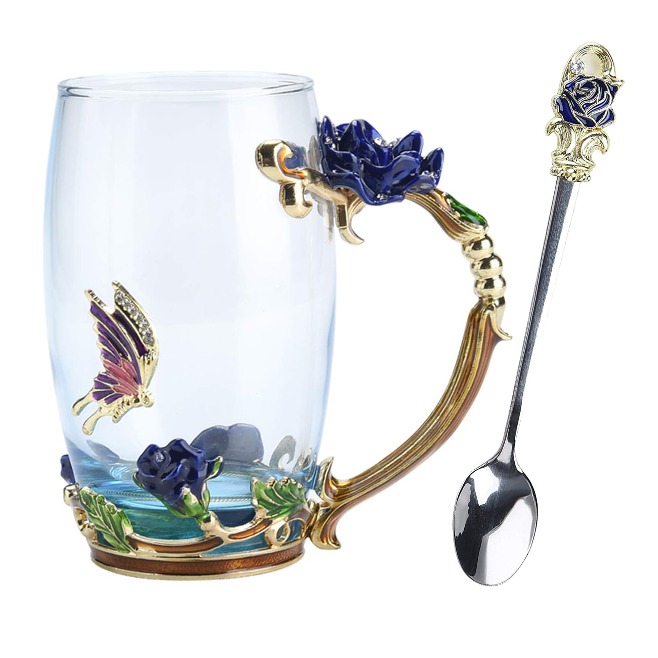 Mother's Day Gift Crystal Enamel Butterfly Tea Cup Coffee Mug Glass & Spoon Box 