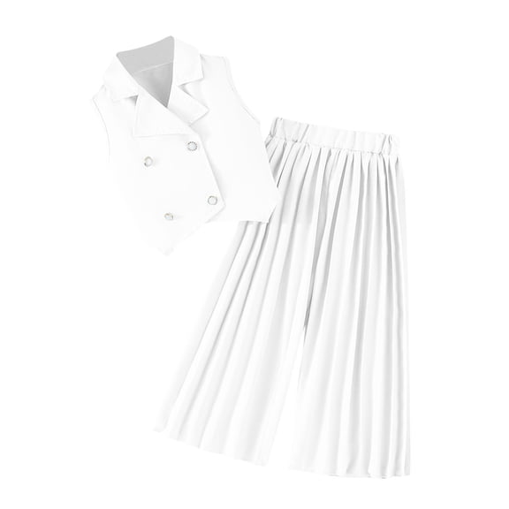 Girls 2 Piece Outfits Sleeveless Lapel Double Breasted Tops Elastic Waist Wide Leg Pleated Pants Lightweight Stylish Outfits (2-3Years, White)
