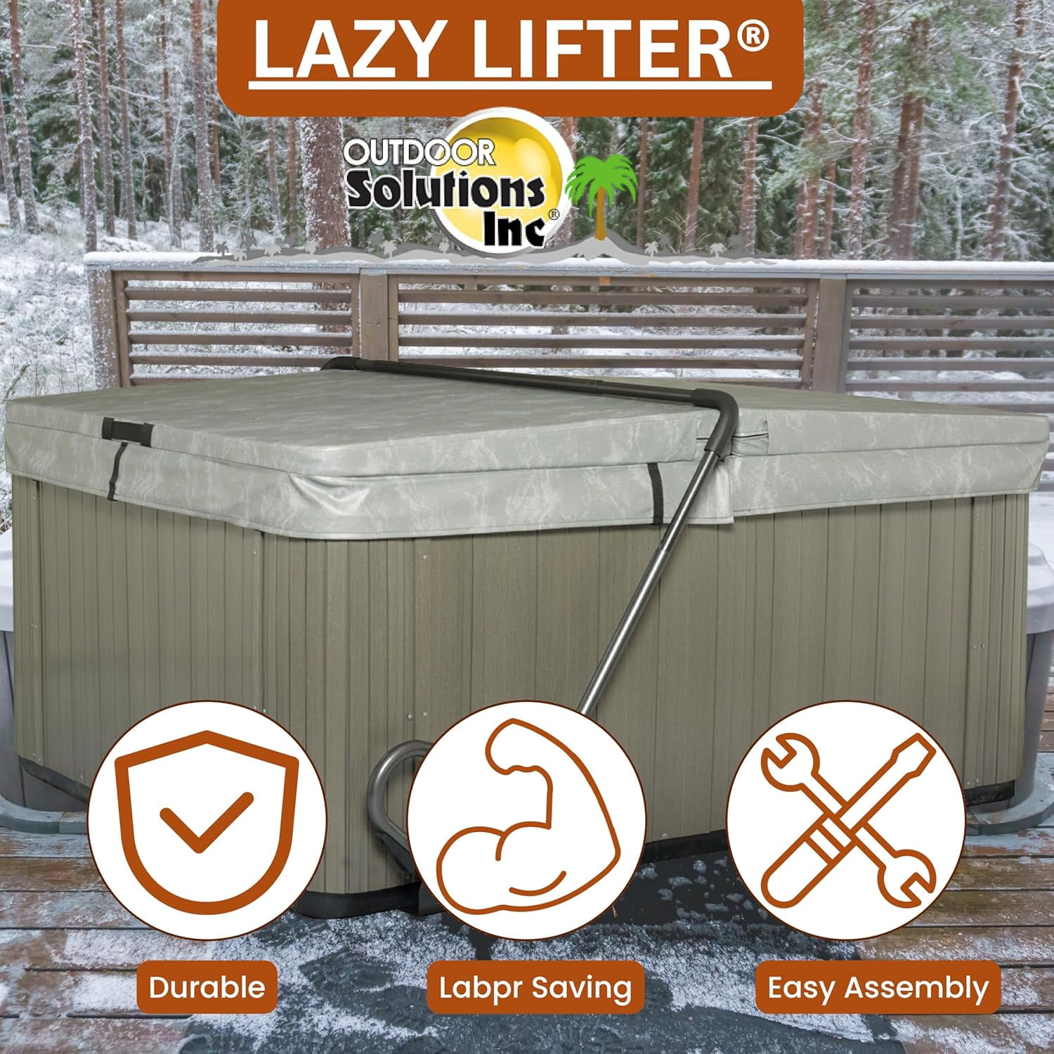 Outdoor Solutions Inc. Lazy Lifter® Heavy-Duty Hot Tub Cover Lifter, Spa Cover Lift for 6'-8' Hot Tubs, Extra Large Footplate for Stability That Fits Under The Tub