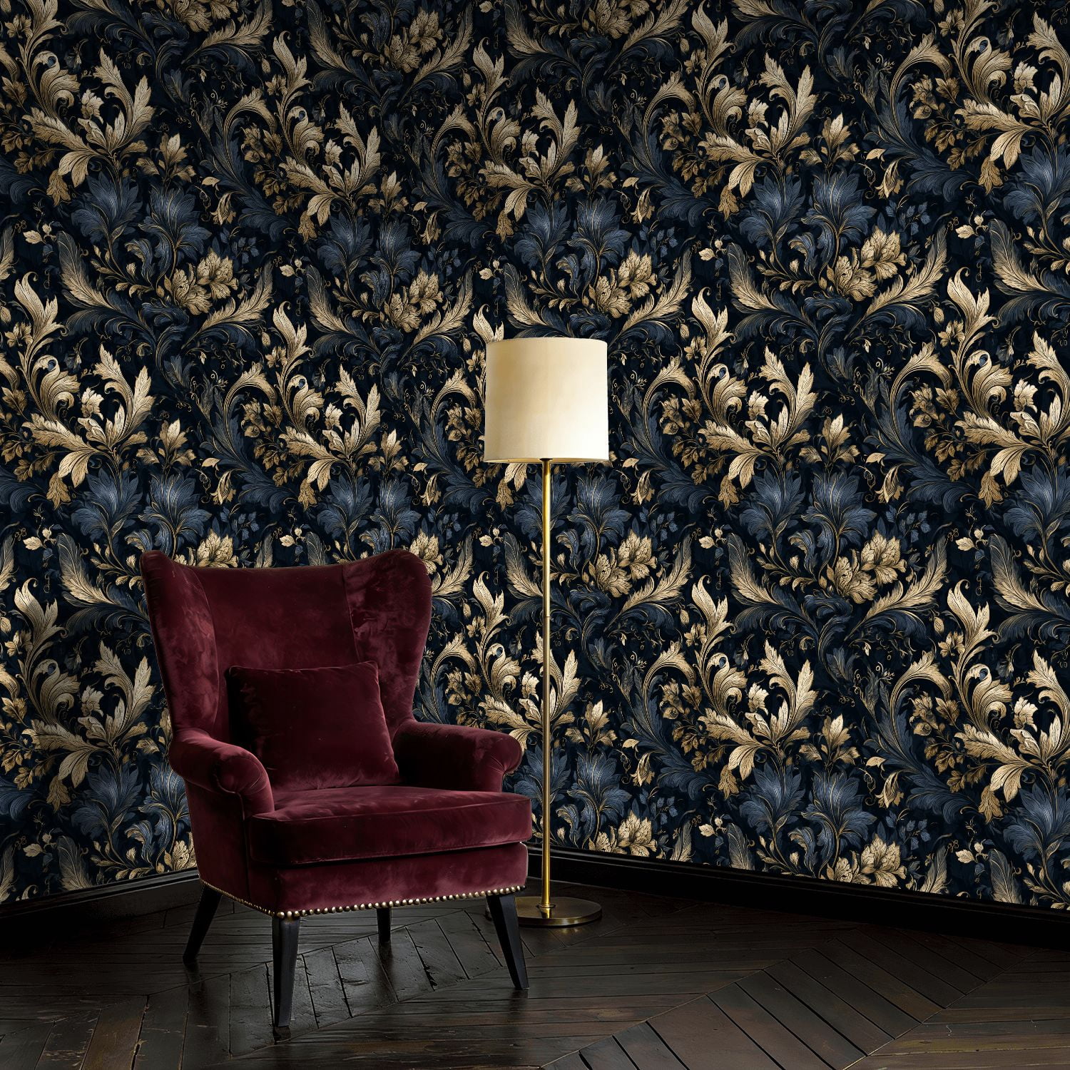 Baroque Peel and Stick Wallpaper Elegant Baroque Floral Damask Design Deep Navy Gold Wall Mural 17.7in x 9.8ft Self Adhesive Removable Wall Paper Renter Friendly Wallpaper for Bedroom Livingroom Men