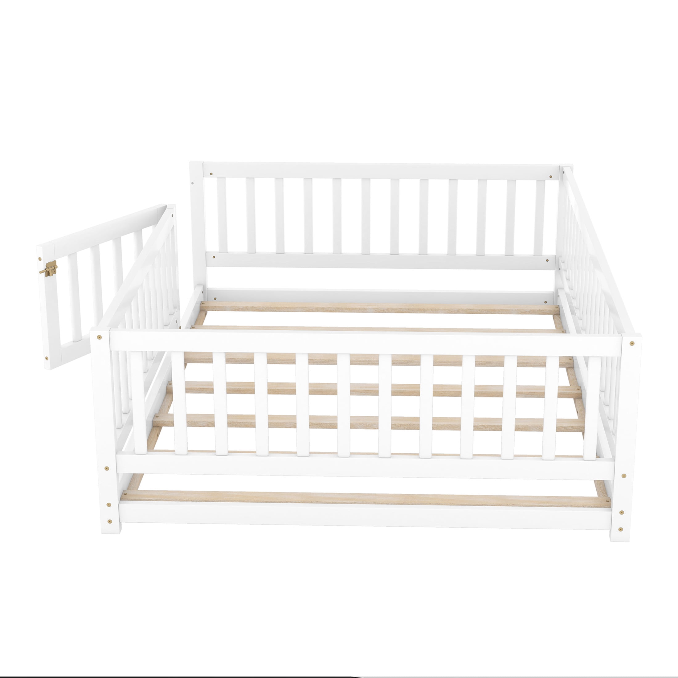 Noble House Full Size Montessori Floor Bed with Fence & Door, Wooden Kids Floor Bed with Slats, White