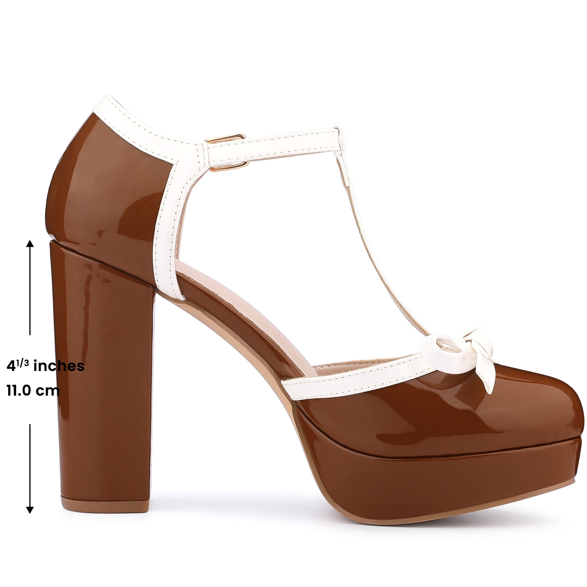 DARING DIVA Women's Platform Bow T Strap Chunky Heels Pumps Brown 9