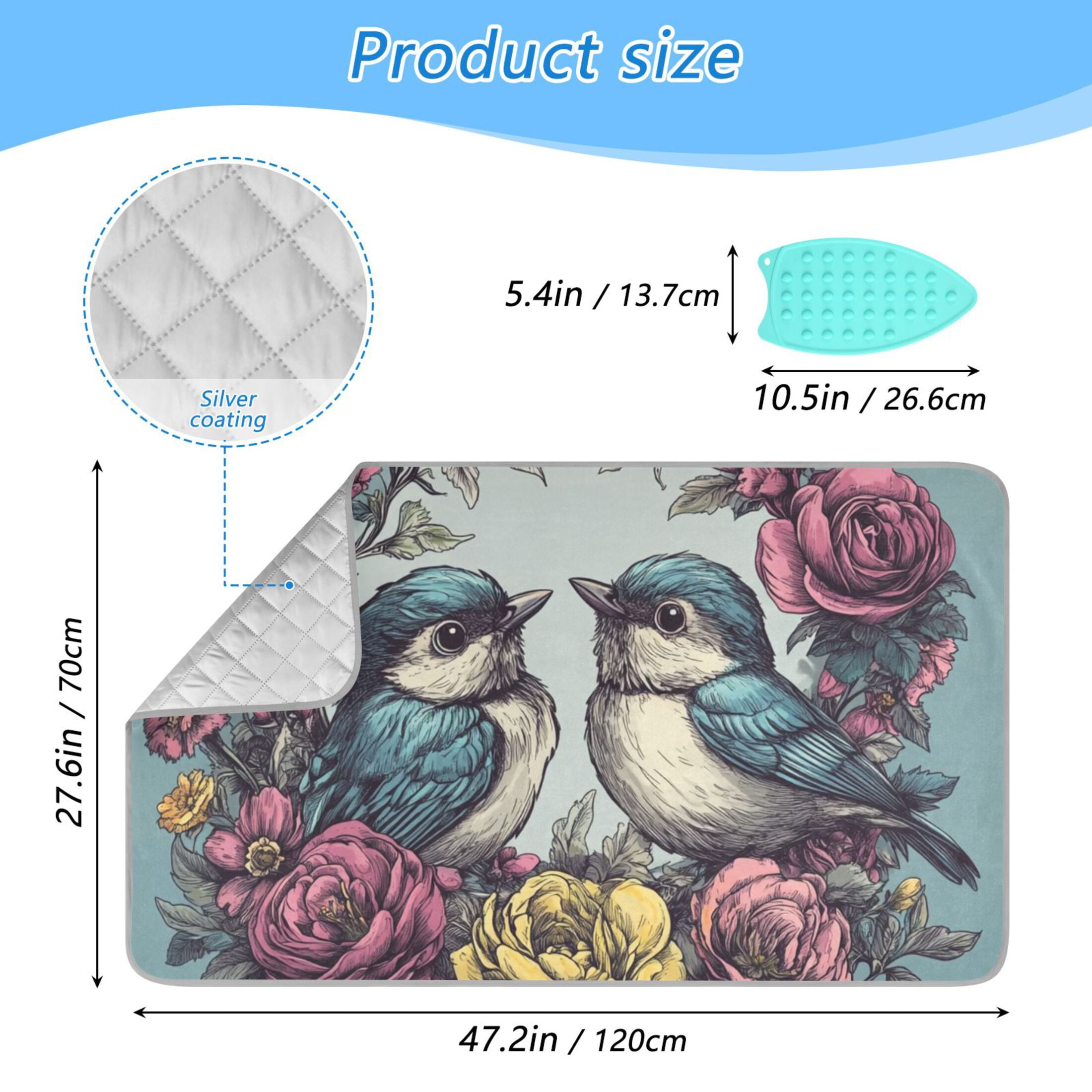Birds and Flowers Ironing Mat Blanket for Table Top Travel Portable Ironing Board Pad 47.2x27.6 Inch
