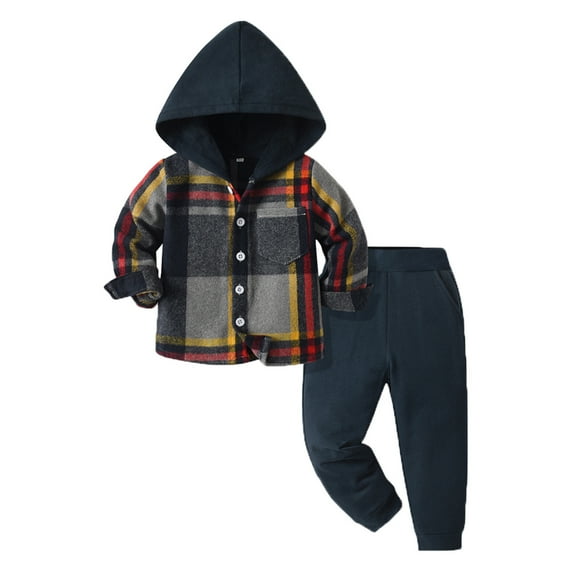 JUjie Boys Clothes Plaid Hooded Shirt 2pcs Outfit, Button Front Toddler Fall Winter Hoodie & Sweatpants Set Z05 Dark Blue 4-5 Years