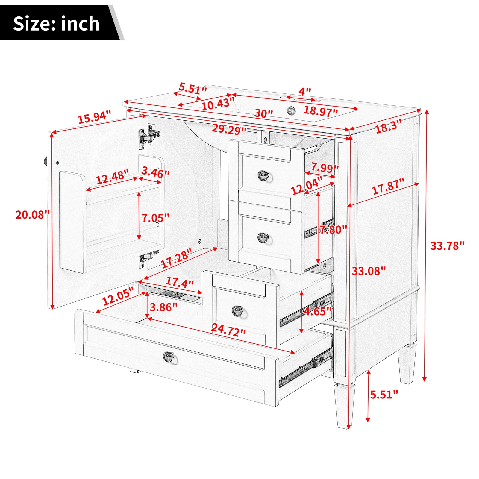 Euroco 30 Inch Bathroom Vanity with Ceramic Sink, Grey Bathroom with 3 Drawers, Solid Wood Frame Modern Bathroom Storage Cabinet , Ideal for Home