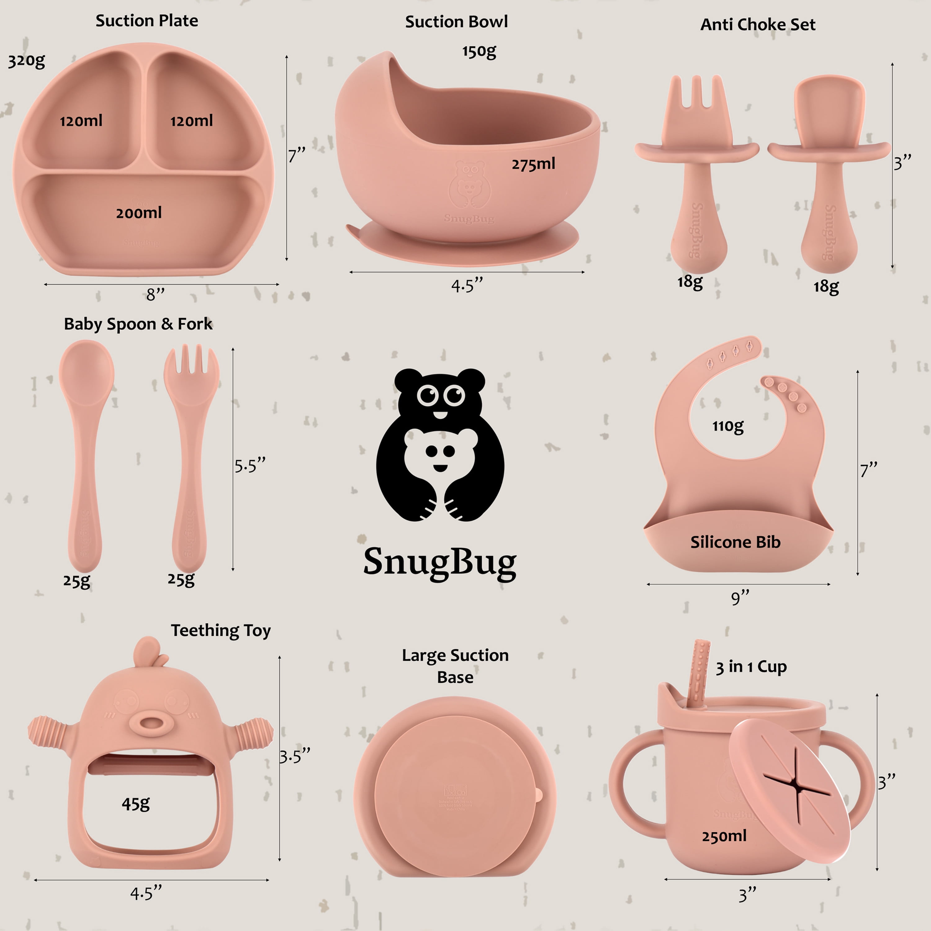 SnugBug 12-Piece Silicone Baby Bib Set with Sippy Cup, Plates, Bowl and Teething Toy