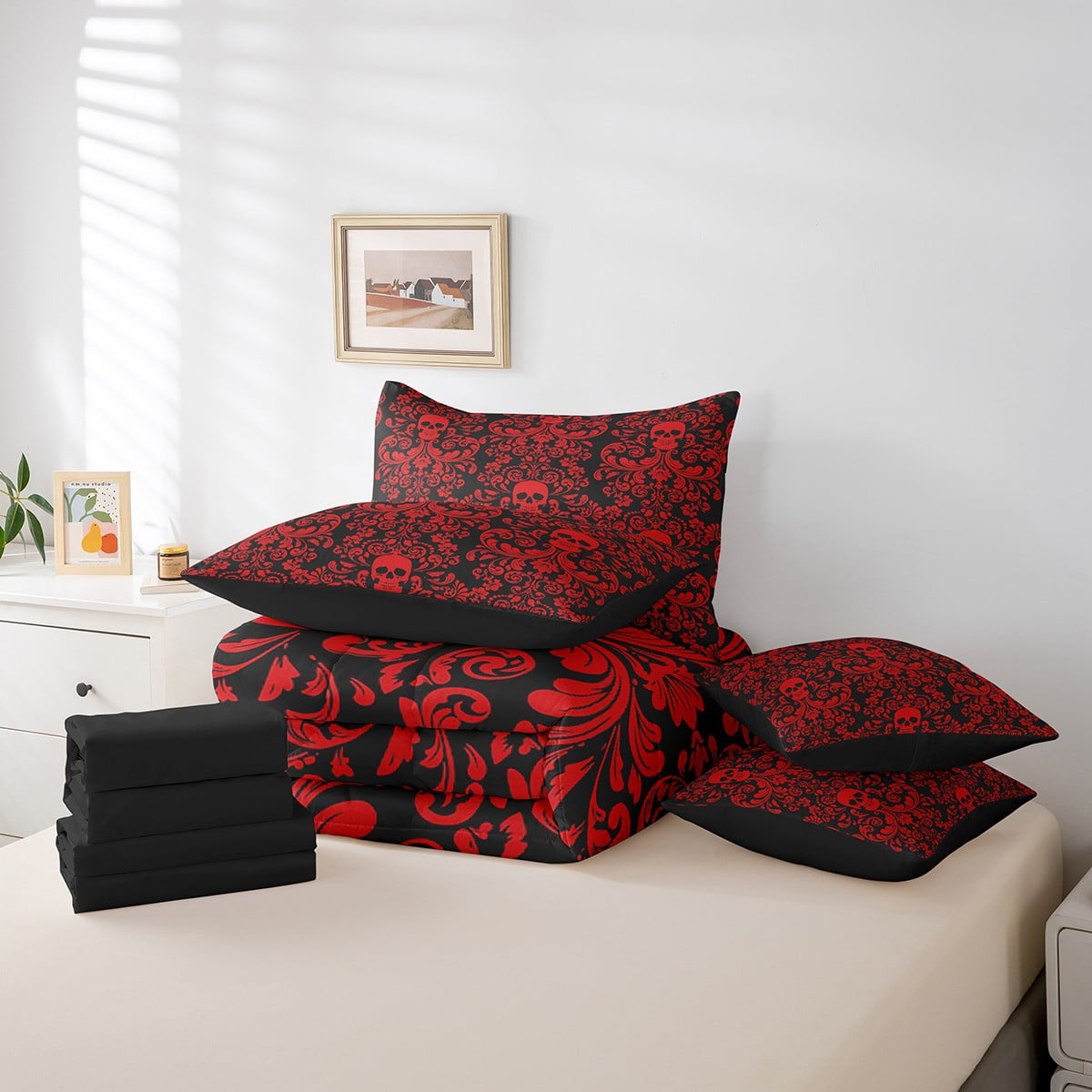 Damask Gothic Bedding Set Adults Antique Victorian Bed in a Bag King Size Comforter Set 7 Pieces,Black Red Sugar Skull Sheet Set Vintage Floral Goth Bed Set