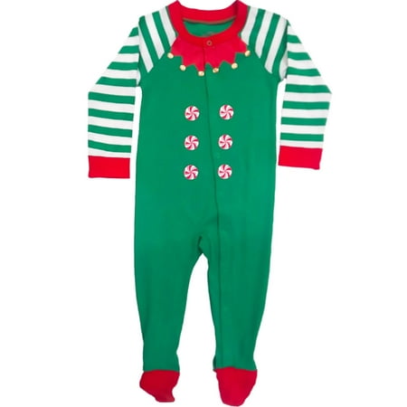 Infant Boys Green Knit Christmas Elf Costume Union Suit Sleeper Pajamas