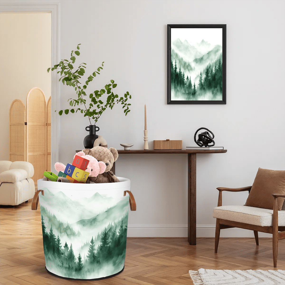ADECORIVY Misty Forest Laundry Basket Mountain Waterproof Collapsible Hamper with Handles Oxford Cloth Dirty Clothes Tote for Bathroom, Bedroom, Living Room