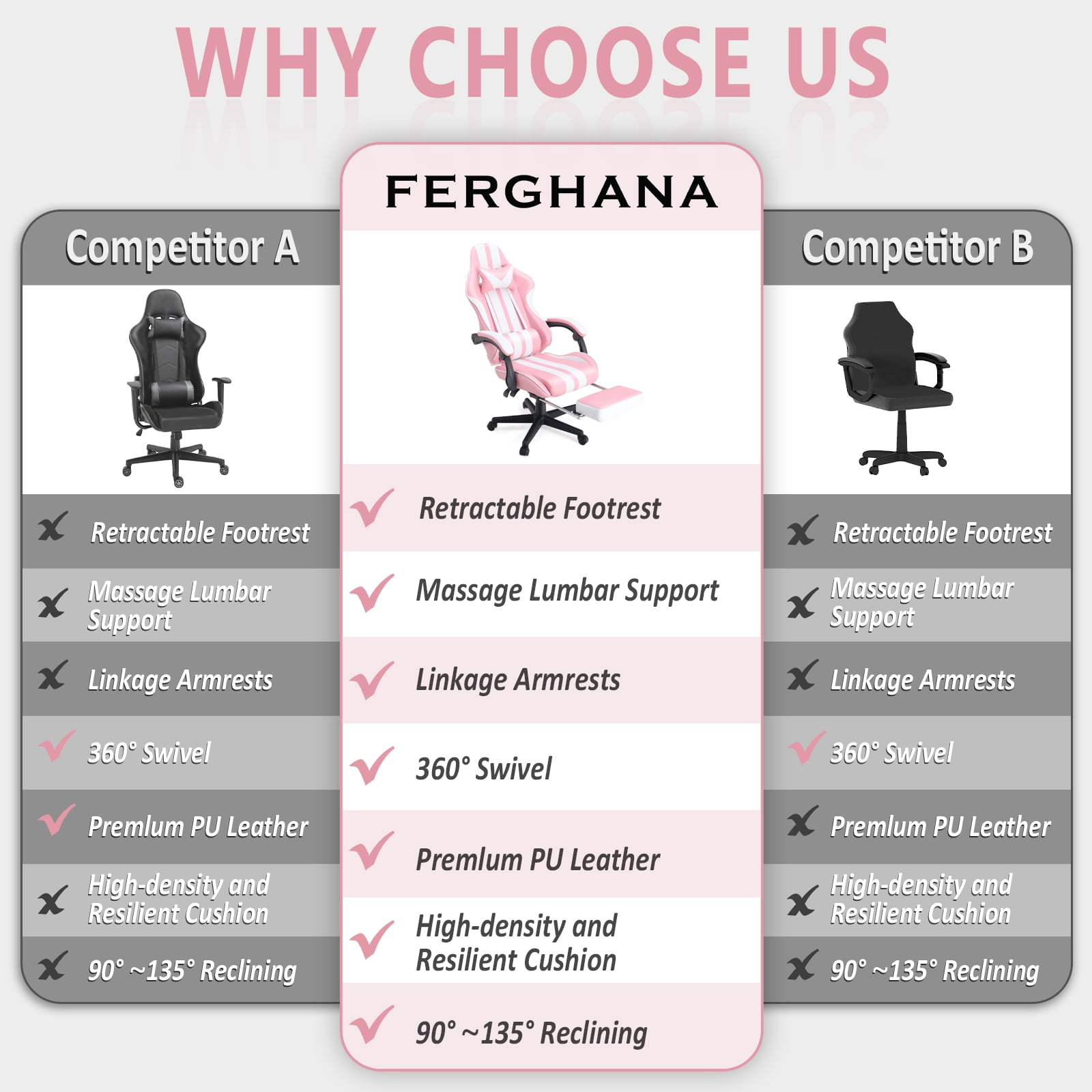 Luxvie Pink Gaming Chair with Footrest High Back Ergonomic Office Gamer Chair with Massage and Headrest Lumbar Support Swivel Seat Computer Game Chair for Adults
