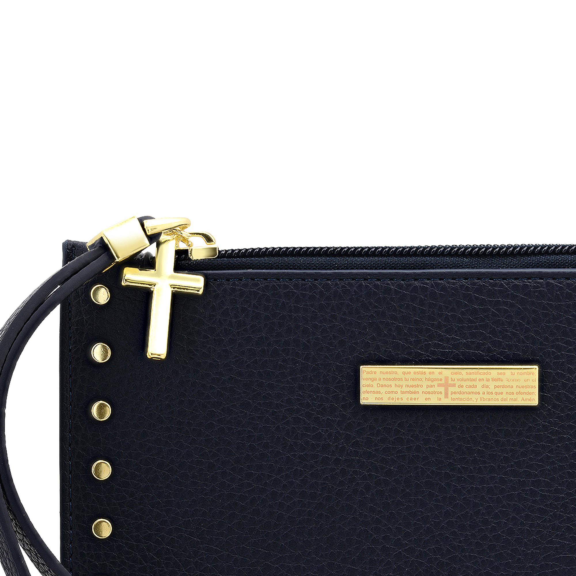 Steeltime Ladies Gold-Tone Studded Navy Spanish Lord's Prayer PU Leather Wristlet