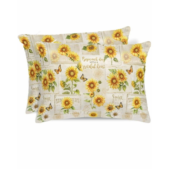 Hokiten King Size Pillow Cases Set of 2, Pillow Covers for Bed, Yellow Sunflowers Satin Pillowcases with Zipper for Hair/Skin, Country Botanical Flowers Butterfly 20x36 Inches