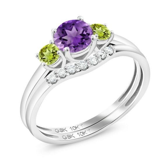 10K White Gold Purple Amethyst and Green Peridot and White Lab Grown Diamond 3-Stone Bridal Engagement Wedding Ring Set for Women (0.76 Cttw, Gemstone February Birthstone, Round 5MM, Size 5)