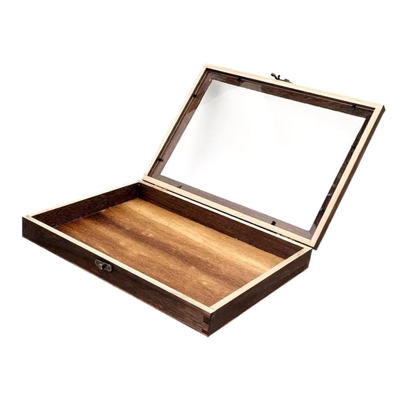 Vitrina de madera para muestras, caja de colección con tapa transparente, diseño vintage a prueba de polvo. 31 cm x 22 cm x 4 cm