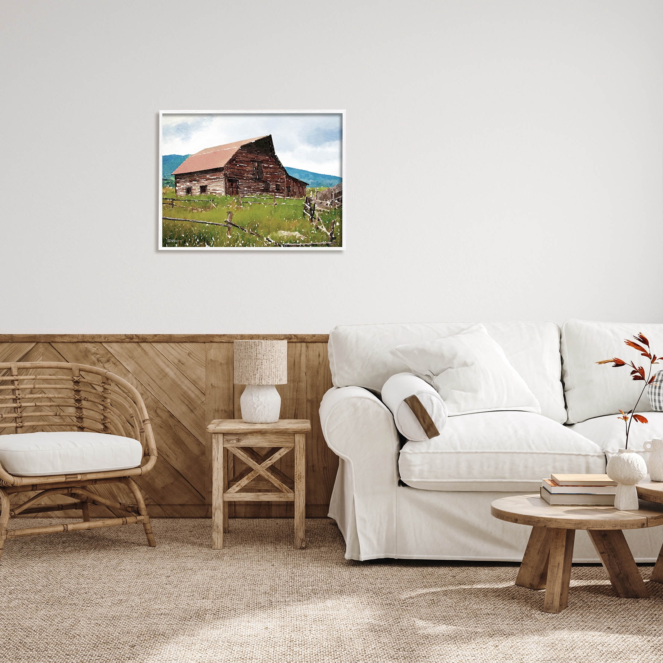 Charming Country Cabin Scenery Landscape Painting White Framed Art Print Wall Art