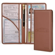 Car Registration and Insurance Holder,Leather Vehicle Card Document Glove Box Organizer for Insurance Card, Driver License (Brown)