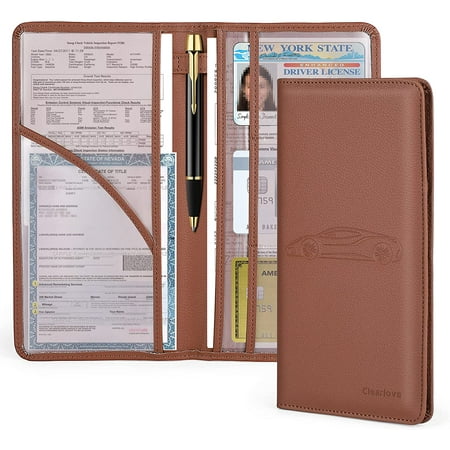 Car Registration and Insurance Holder,Leather Vehicle Card Document Glove Box Organizer for Insurance Card, Driver License (Brown)