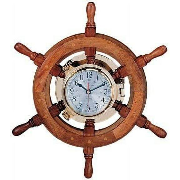 30" Nautical Pirate Theme Boat Porthole Time's Clock Handmade Ship Wheel
