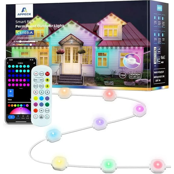 100FT Permanent Outdoor RGB Lights,IP67 Waterproof Smart LED Eaves Lights with App/Remote Control,for Christmas and All Holiday Decor,Daily and Accent Lighting,House Roof and Garden Lighting
