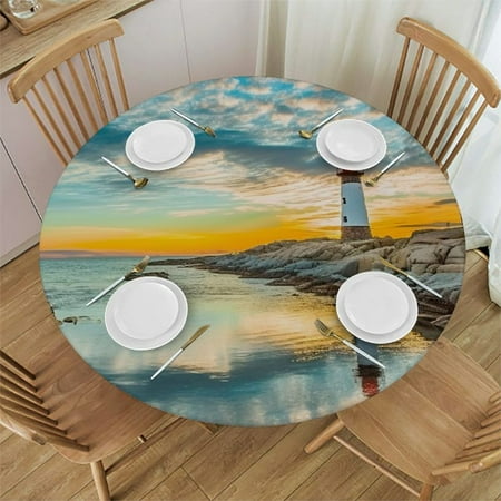 

Patifu Lighthouse Rocky Shore Body of Water Round Table Cover Stain Resistant Washable Indoor Outdoor Tablecloth Kitchen Dining Wedding Parties 100% Polyester Fiber 38-42