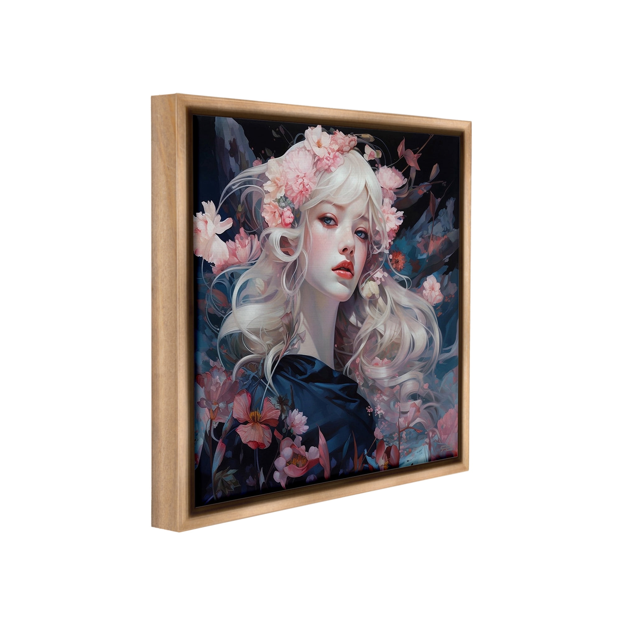 Stupell Industries Girl with Pink Irises Botanical & Floral Painting Brown Floater Framed Canvas Art Print Wall Art, 18 x 18