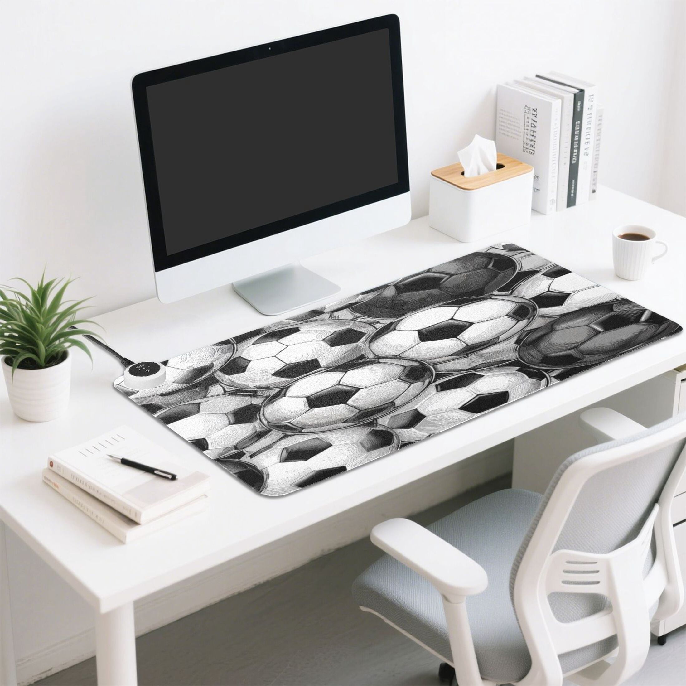 Large Heated Desk Mat Mouse Pad 31.5"x13"PU Leather Graphene Heating Desk Warmer with 3 Temperature Settings 110V US Plug Non-Slip Warm Pad for Home, Office, and Gaming Vintage Soccer Ball Collage