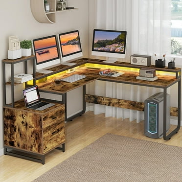 Dextrus L Shaped Desk with Power Outlets & LED Lights, Reversible Computer Desk with Drawers, Rustic Brown